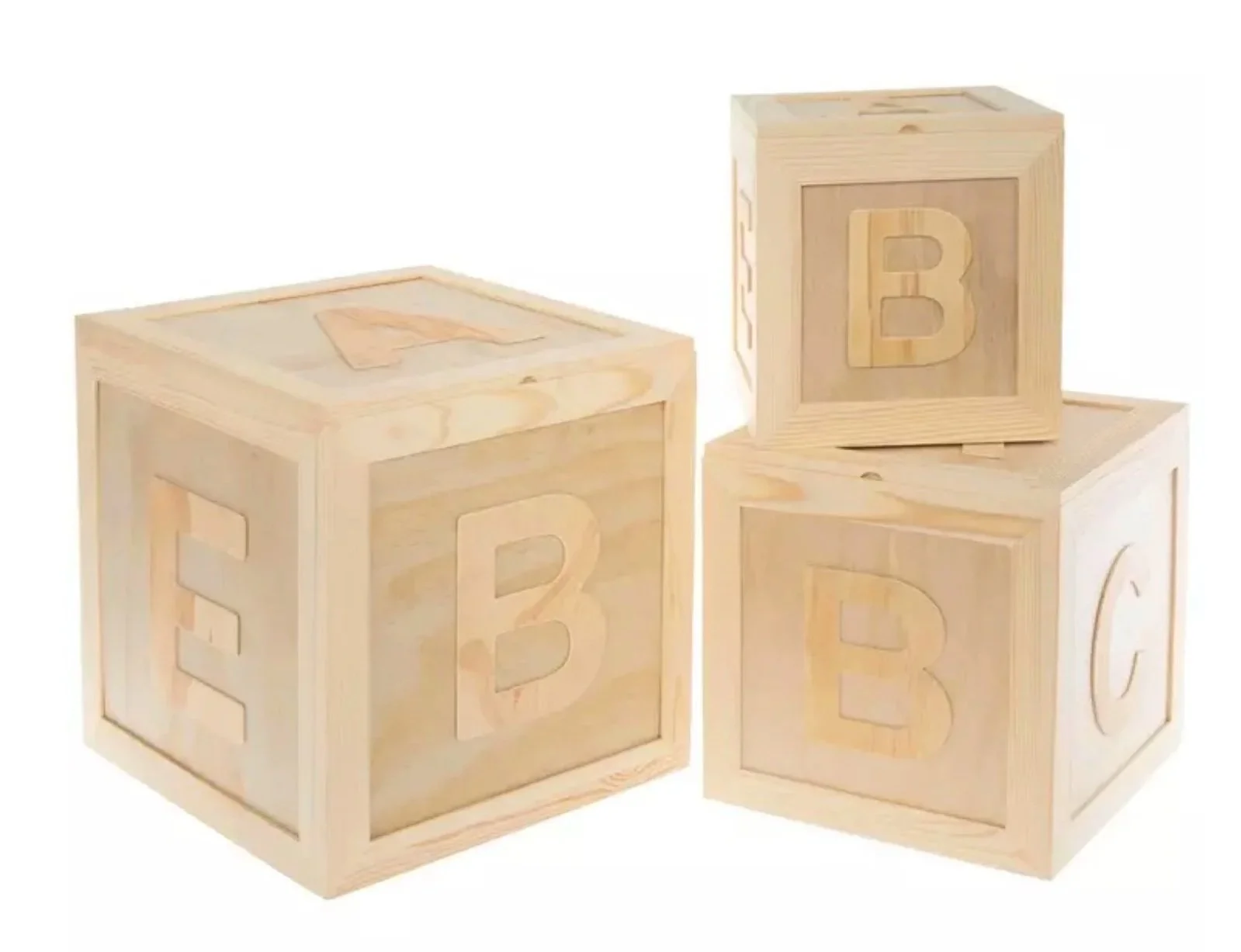 Three wooden alphabet blocks, each showing a different letter: E, B, and C, arranged on a white background.
