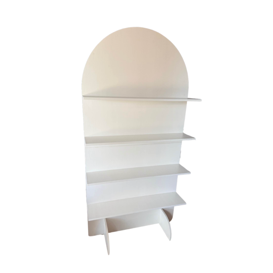 Empty white bookshelf with an arched top and multiple shelves, set against a white background.
