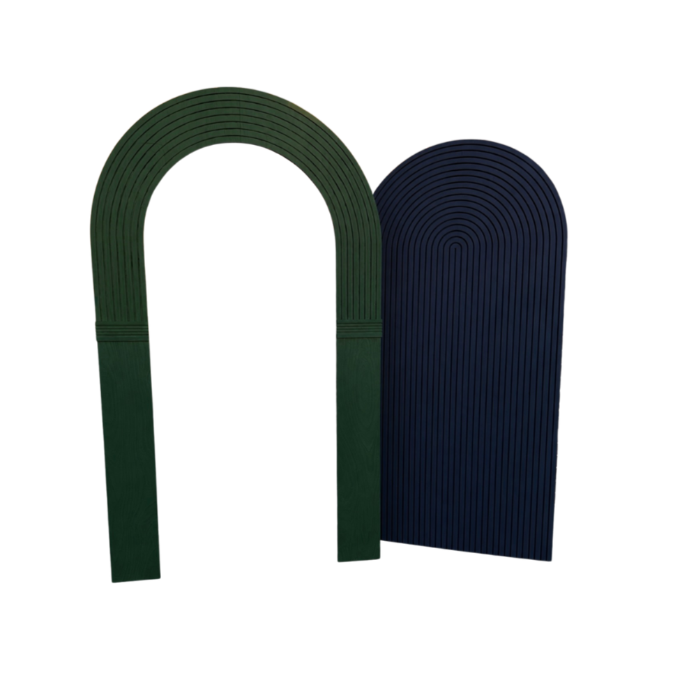 Decorative arch and window frame with rounded tops, painted dark green and navy blue, made of wooden slats.