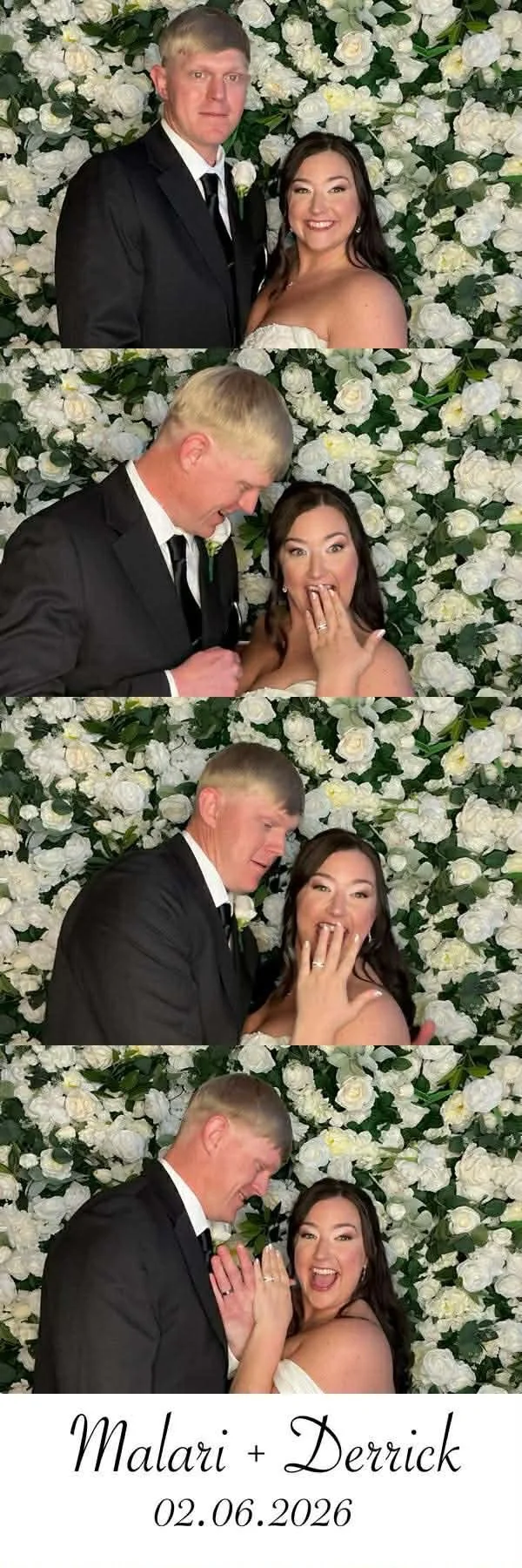 A collage of four wedding photo booth images featuring a couple, Malari and Derrick, with a background of white roses and greenery. The photos capture candid and joyful moments. The bottom of the collage has their names and wedding date, February 6, 2026.