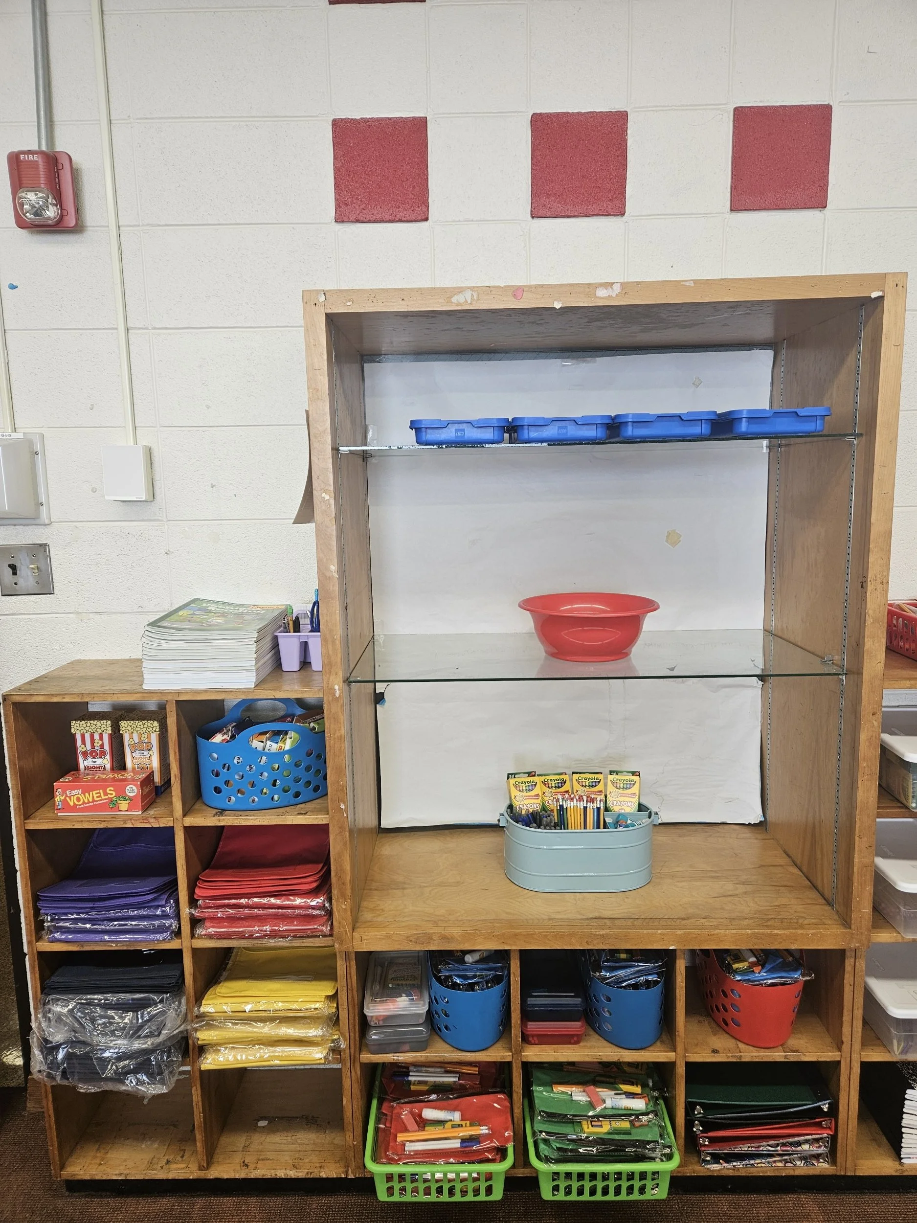 Shelves filled with storage bins.
