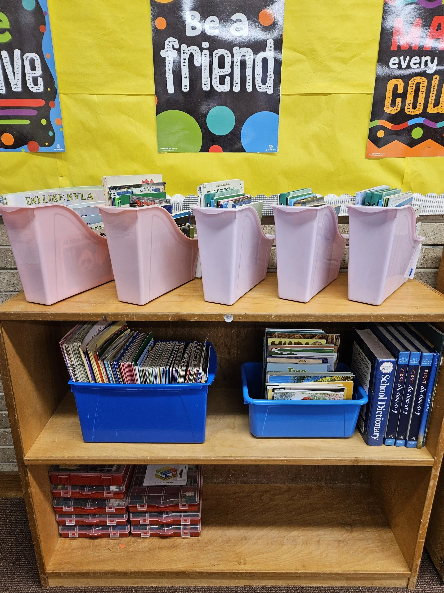 Storage containers filled with books on shelves.