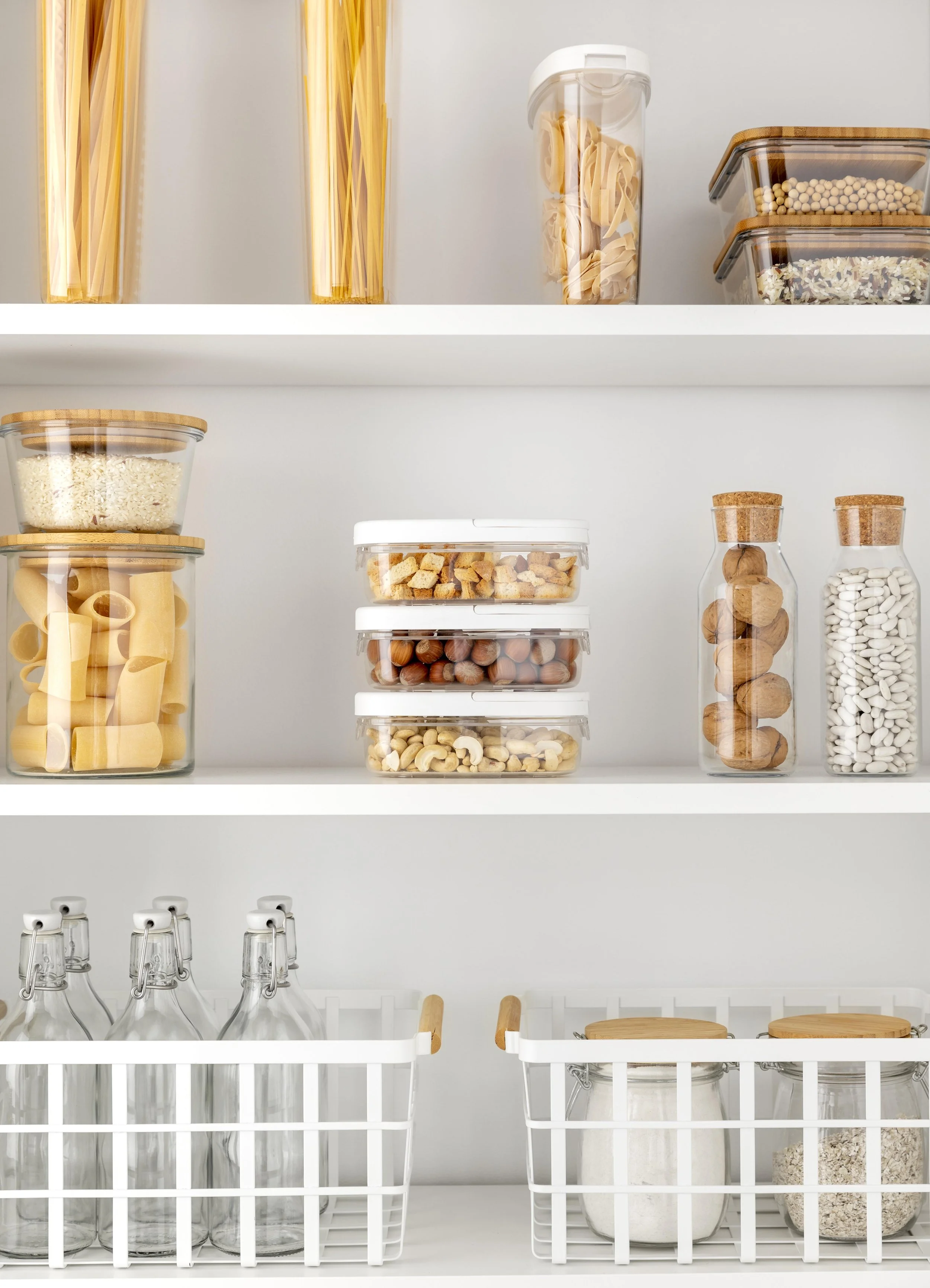 Storage bins and containers filled with dried goods.