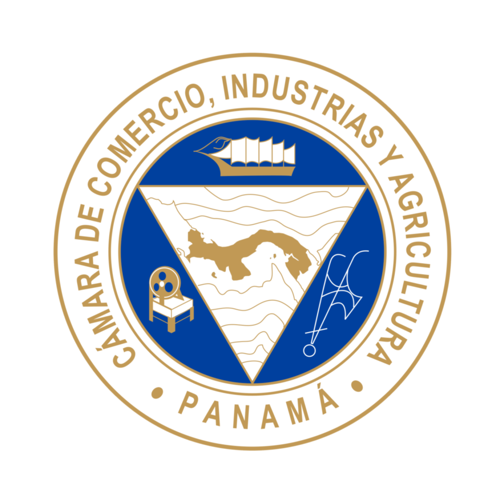 Logotipo del Instituto de Geociencias de Panamá con un mapa de América Central, un libro, una pluma, un equipo profesional y textos en inglés y español.