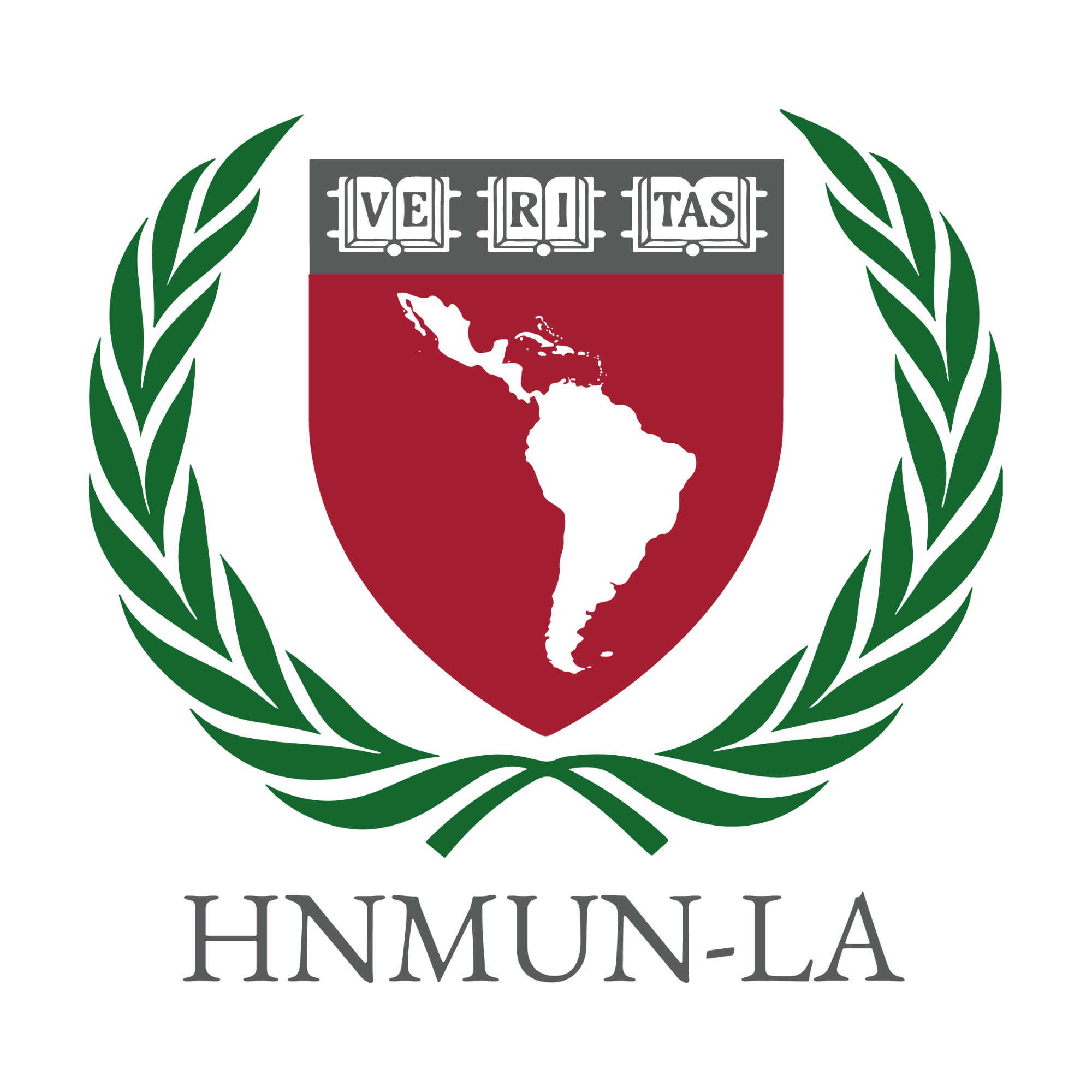 Emblema de HNMUN-LA con un mapa en blanco y una corona de laurel en verde