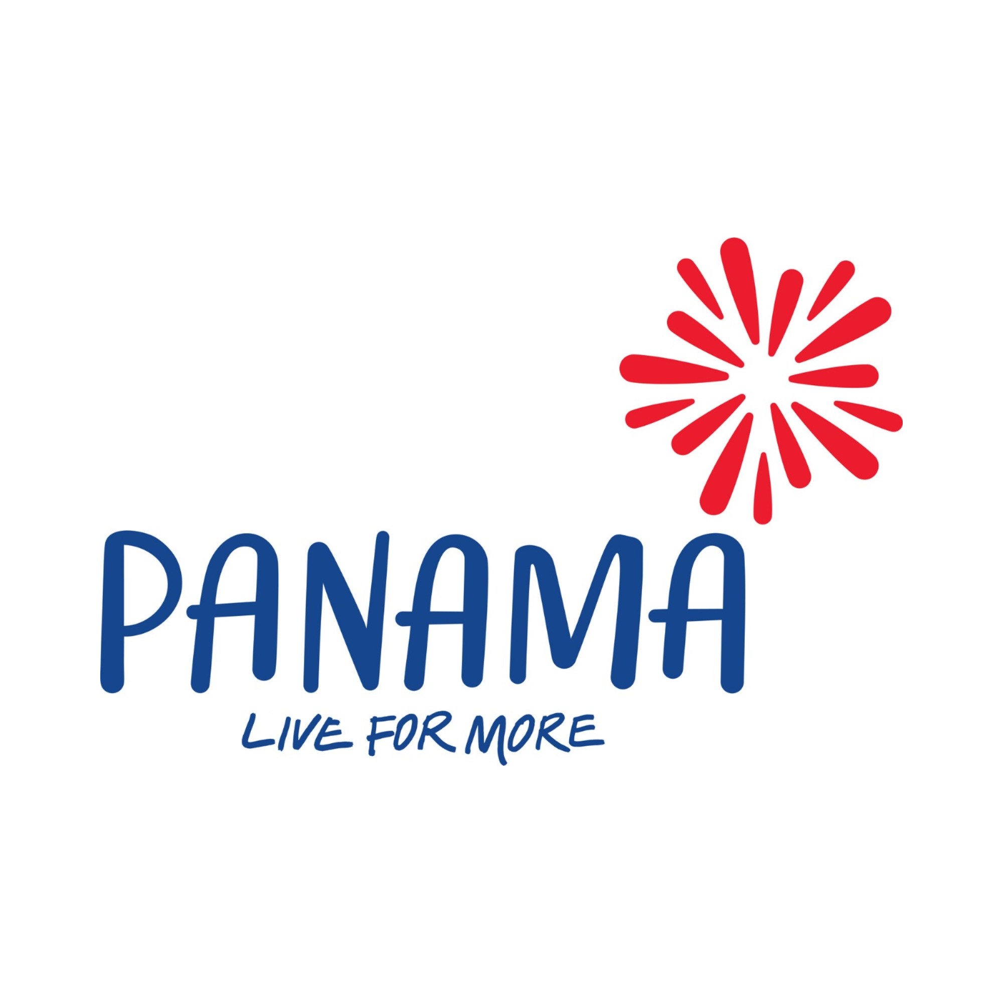 Logotipo con un símbolo de fuegos artificiales rojos y el texto 'Panama' en letra azul con el lema 'Live for more' debajo.