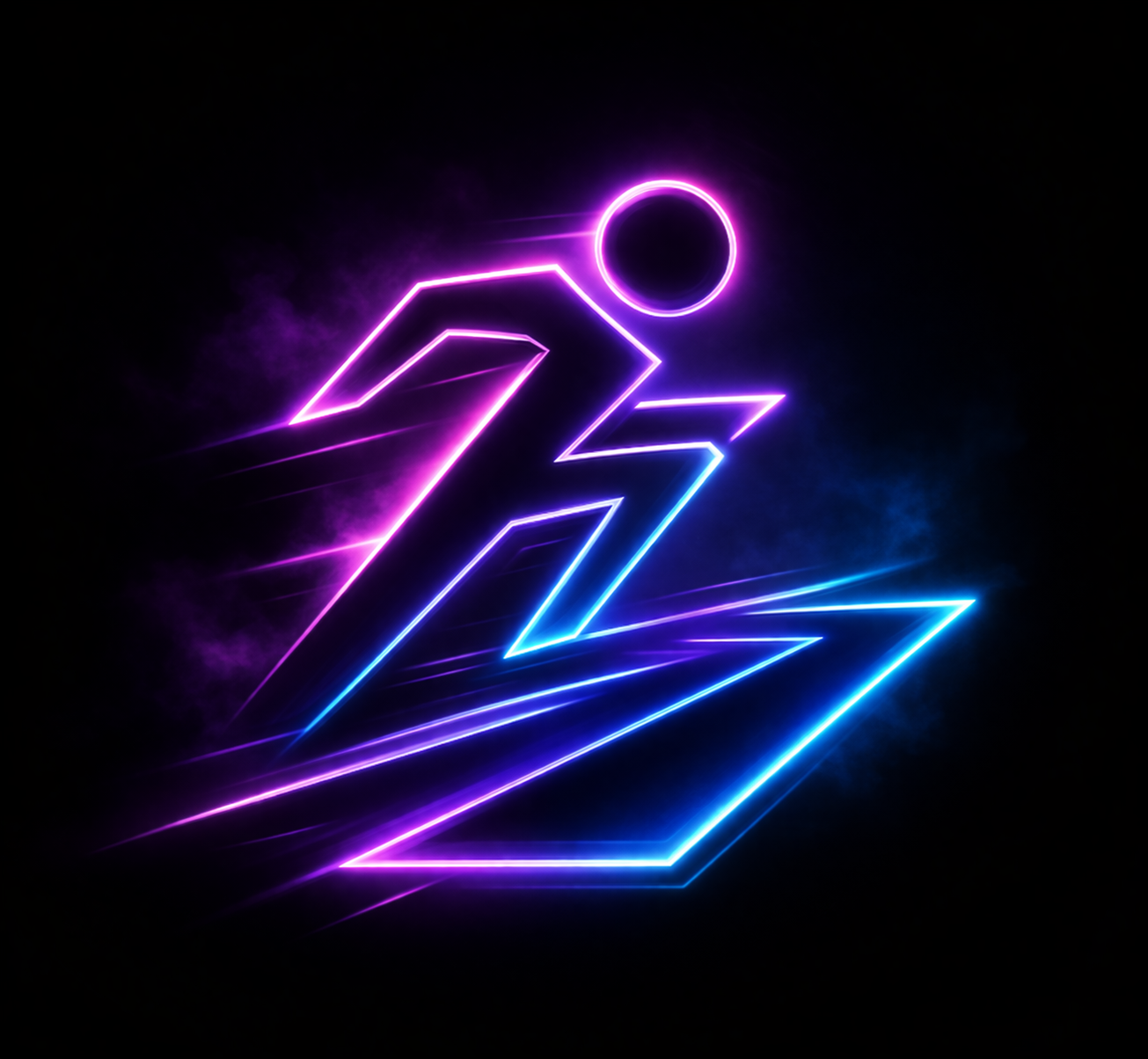 Neon Parkour game visual, glowing runner silhouette with purple and blue motion trails on a dark cyberpunk background.