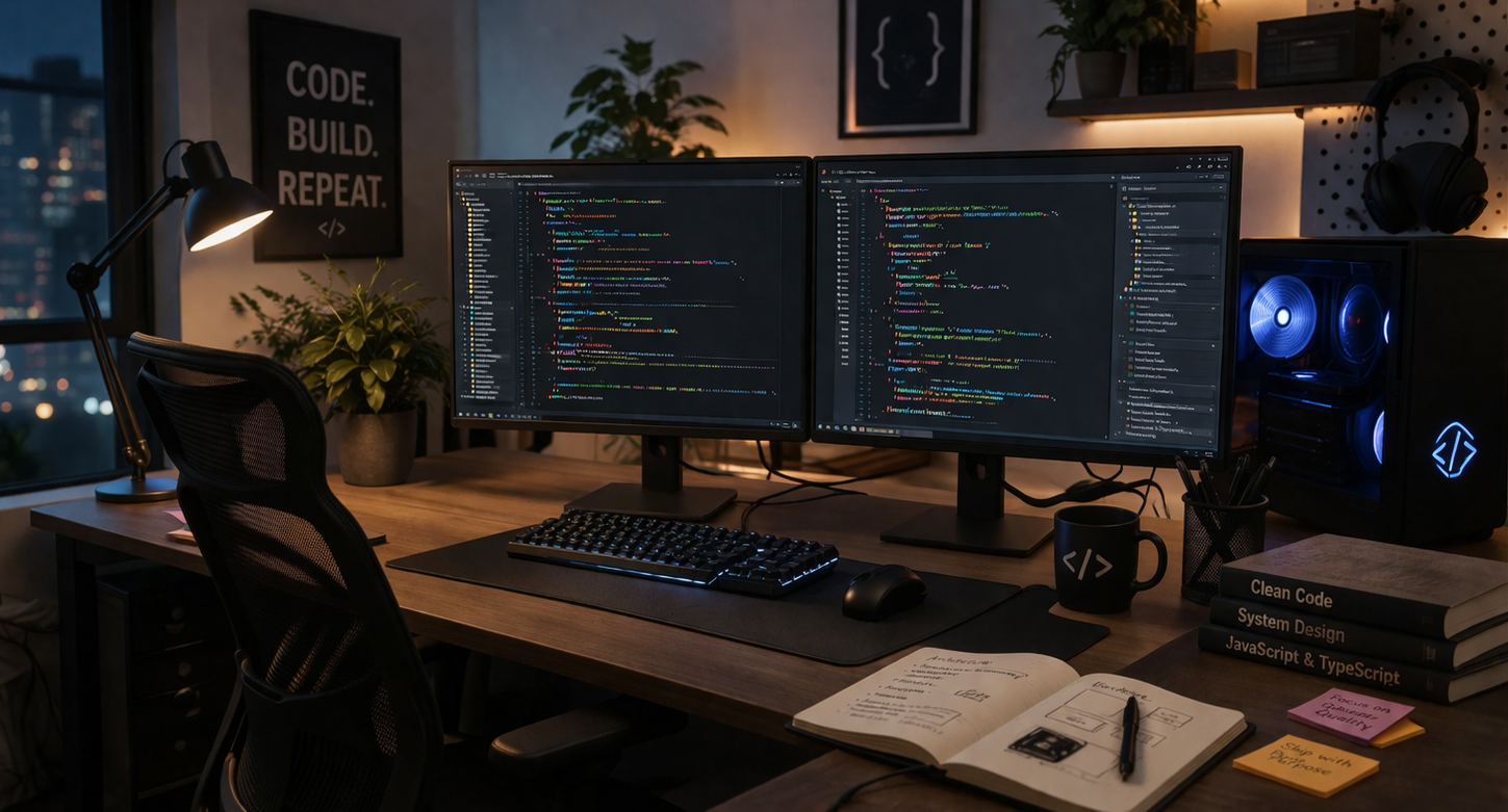 The GrowFire Studios software development environment offers a modern work setup for coding on multiple monitors and a professional developer workspace.