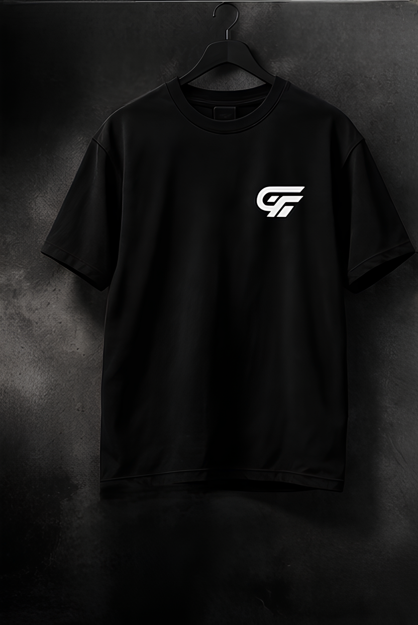 The GrowFire GF Signature black T-shirt is a premium streetwear and modern apparel item featuring a minimalist white logo design.