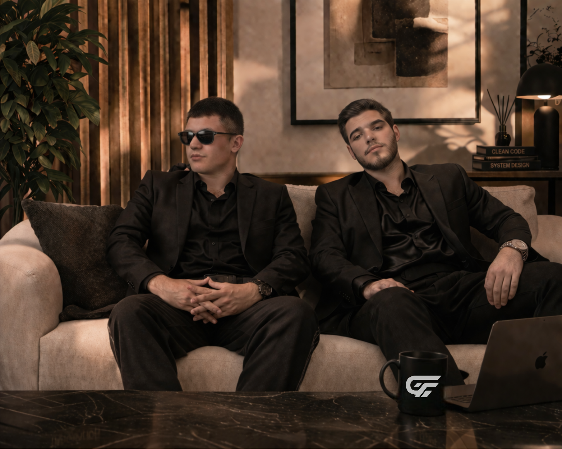 Sitting in a modern office setting, Arda Keskinçelik and Ahmet Babuşçu, as the founders of GrowFire Studios, project a stylish and professional image.