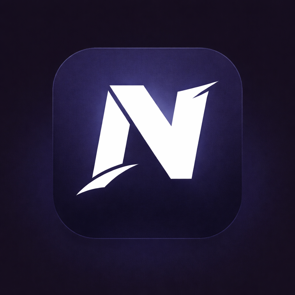 Nexora logo design, modern stylized letter N with sharp edges and a futuristic digital aesthetic.