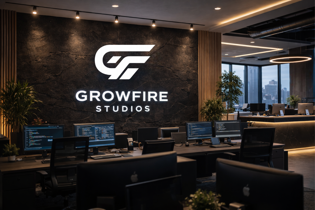 GrowFire Studios features a modern office space, an illuminated logo, professional desks, and a software development environment with city views.