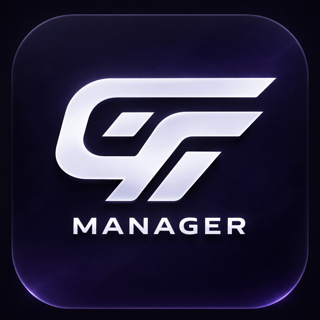 GrowFire GF Manager logo, modern minimal brand identity with a bold GF symbol on a dark background.