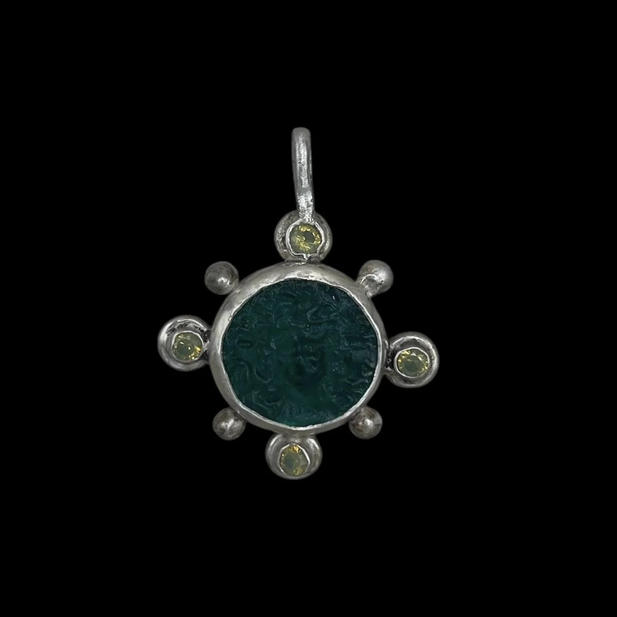 Green and Teal Medusa Ancient-Inspired Necklace Pendant | .925 Sterling Silver| Enamel Medusa | Opal