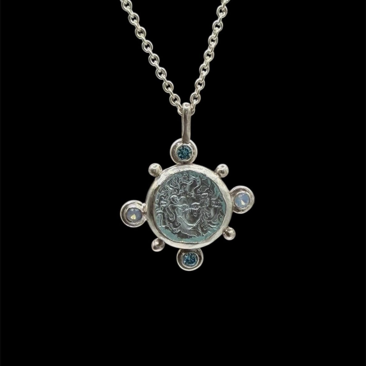 Blue Medusa Enamel Pendant Necklace | .925 Sterling Silver, Lab Grown Opal & CZ