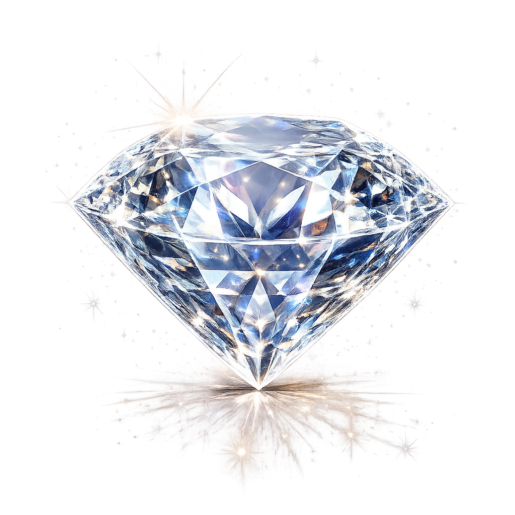 A large, sparkling diamond with facets reflecting light, set against a dark background with bright light flares.