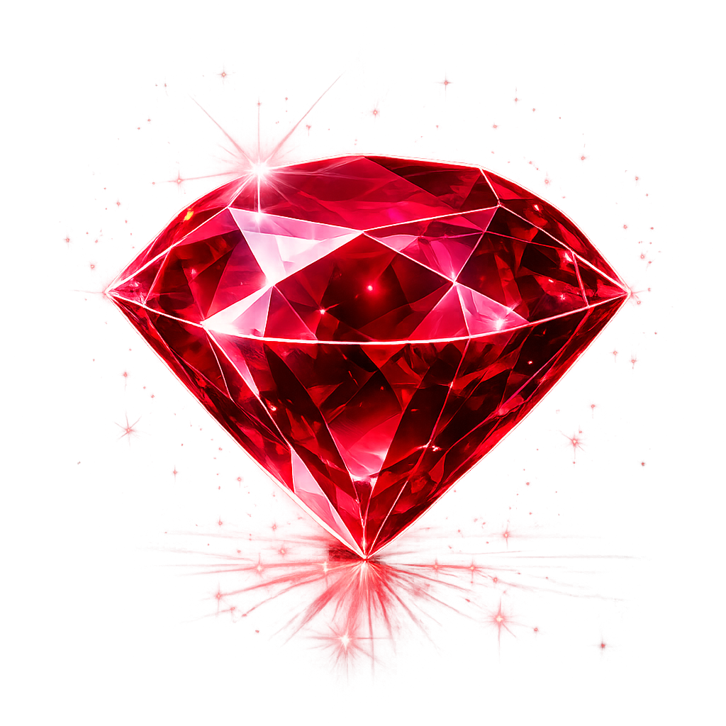 A glowing red diamond with sparkling reflections and laser-like edges against a black background.