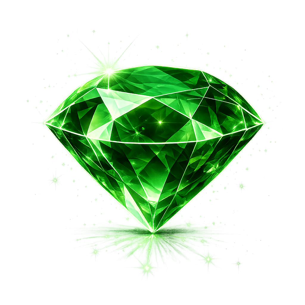 A glowing green diamond with a digital, futuristic appearance, surrounded by digital effects and light sparkles.