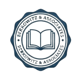 Academic Statistical Analysis, Seal or badge of Berkowitz & Associates featuring an open book symbol in the center with the business name around it.