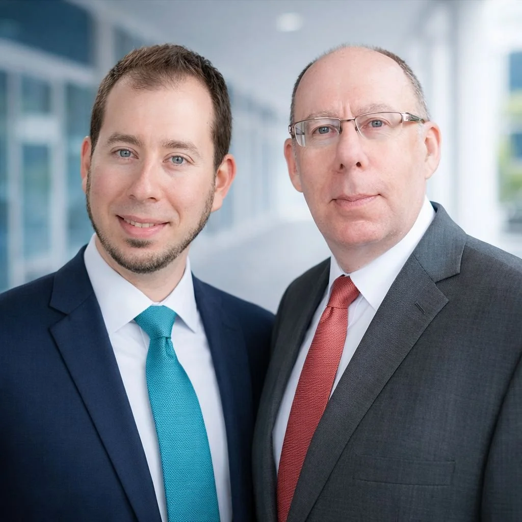 Two professional expert statistical analysts in suits standing together in a modern, glass-fronted building.