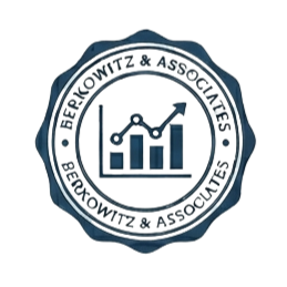 Stamp logo for Berkowitz & Associates featuring a bar chart with an upward arrow. Representing statistical analysis, bar chart and consultancy.