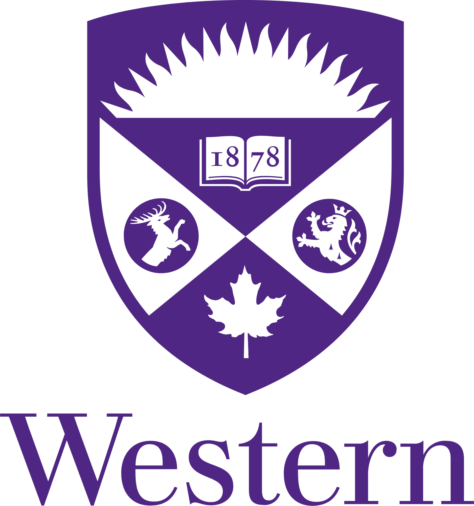 Logo of the University of Washington with a purple shield, a white open book showing the year 1878, an elk and a lion, and text reading 'Western University' in purple.