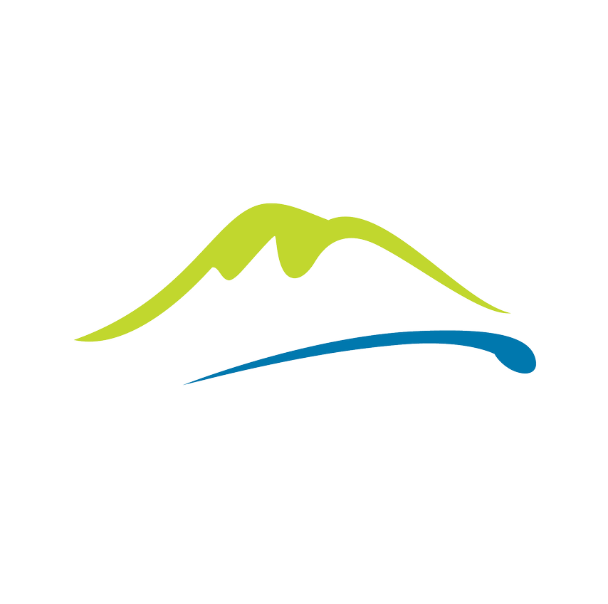 Stylized mountain with green peak and blue base, with text 'Mountain Adventures' beneath.