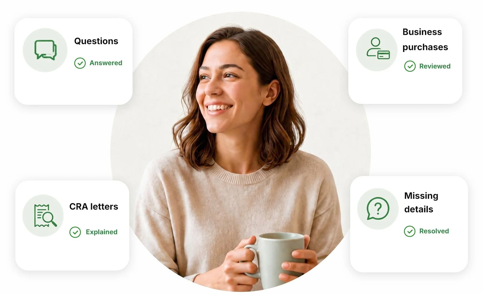 Self-employed business owner surrounded by bookkeeping, tax and business-support status cards