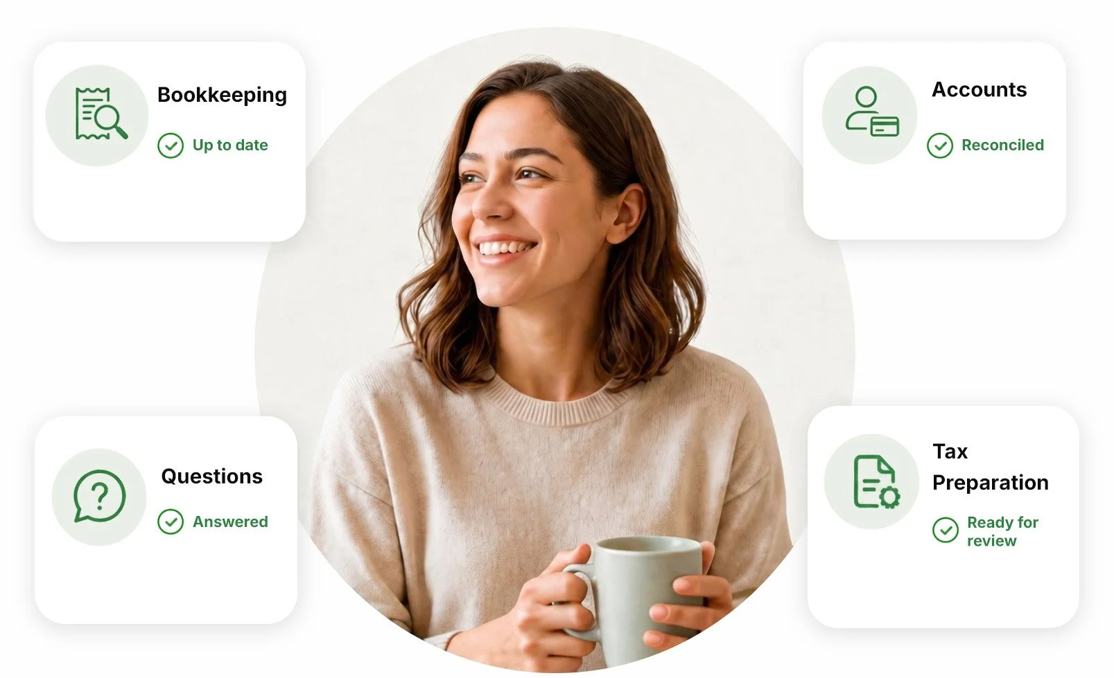 Business owner surrounded by bookkeeping, reconciliation, questions and tax-preparation status cards