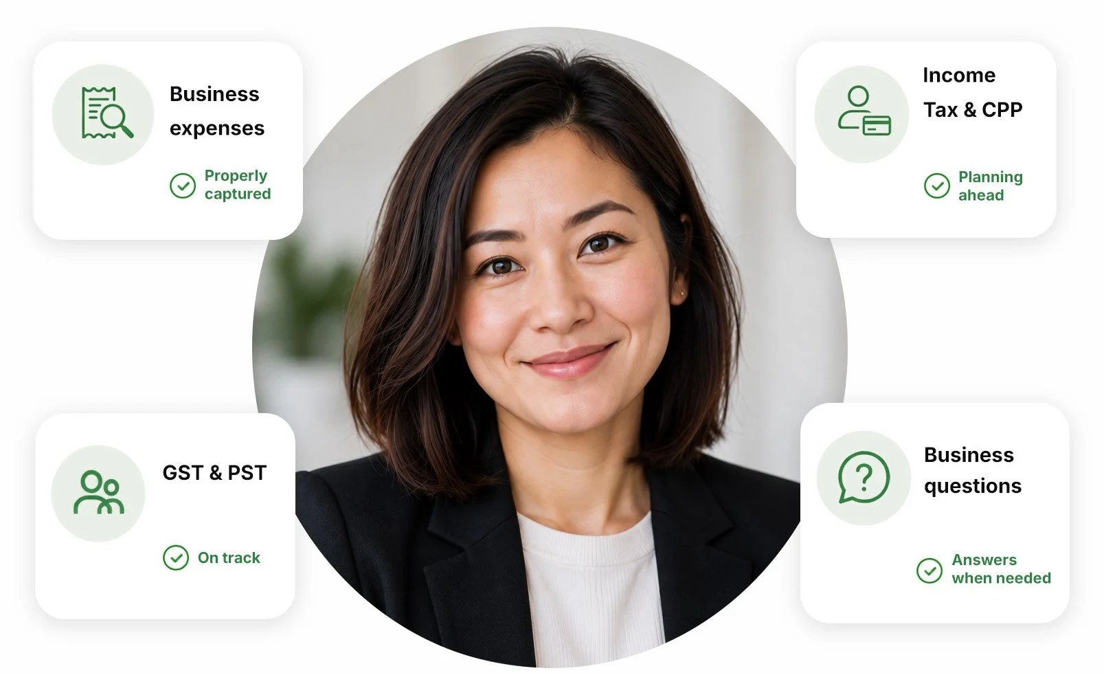 Self-employed business owner surrounded by bookkeeping, tax and business-support status cards