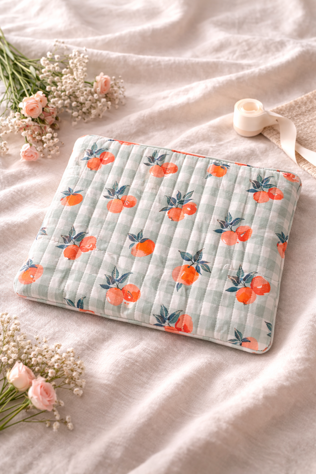 Peach floral quilted laptop sleeve 13-15 inch handmade padded laptop bag protective case