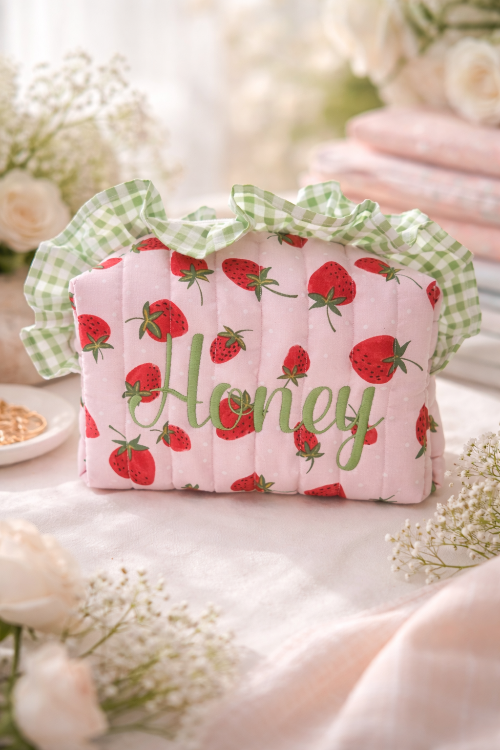 Strawberry print quilted makeup bag with ruffle trim personalized handmade cosmetic pouch