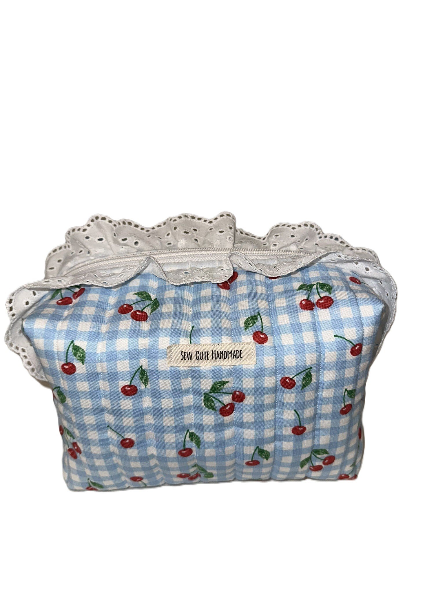 Cherry gingham custom quilted bag with ruffle trim handmade pouch personalized bag