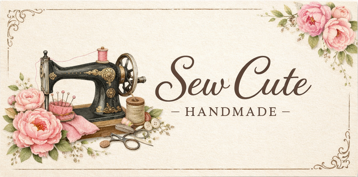 Sew Cute Handmade logo featuring a vintage sewing machine with floral design