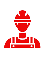 Red icon of a worker wearing a hard hat and safety vest.