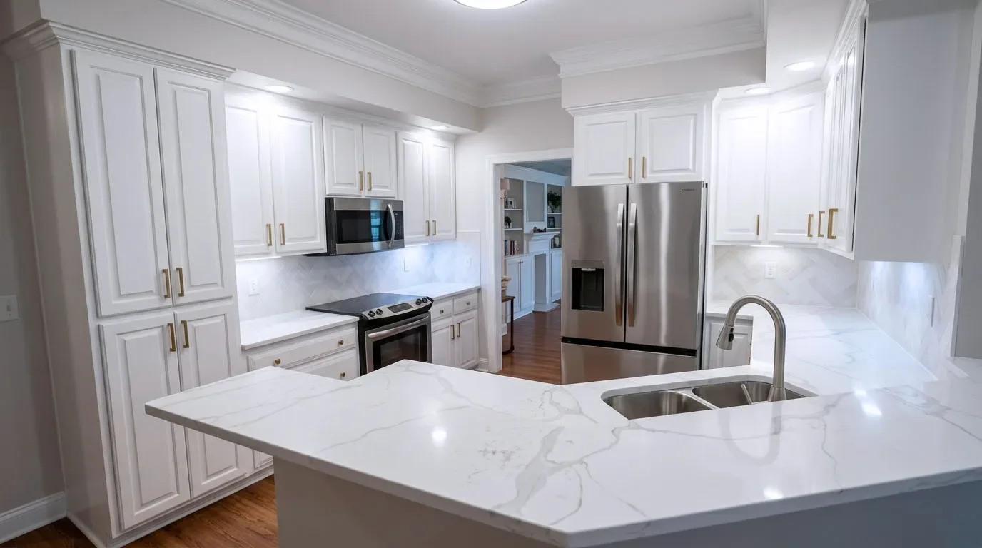 A modern kitchen with white cabinets, marble countertops, stainless steel appliances, including a refrigerator, oven, and microwave, and a double sink.