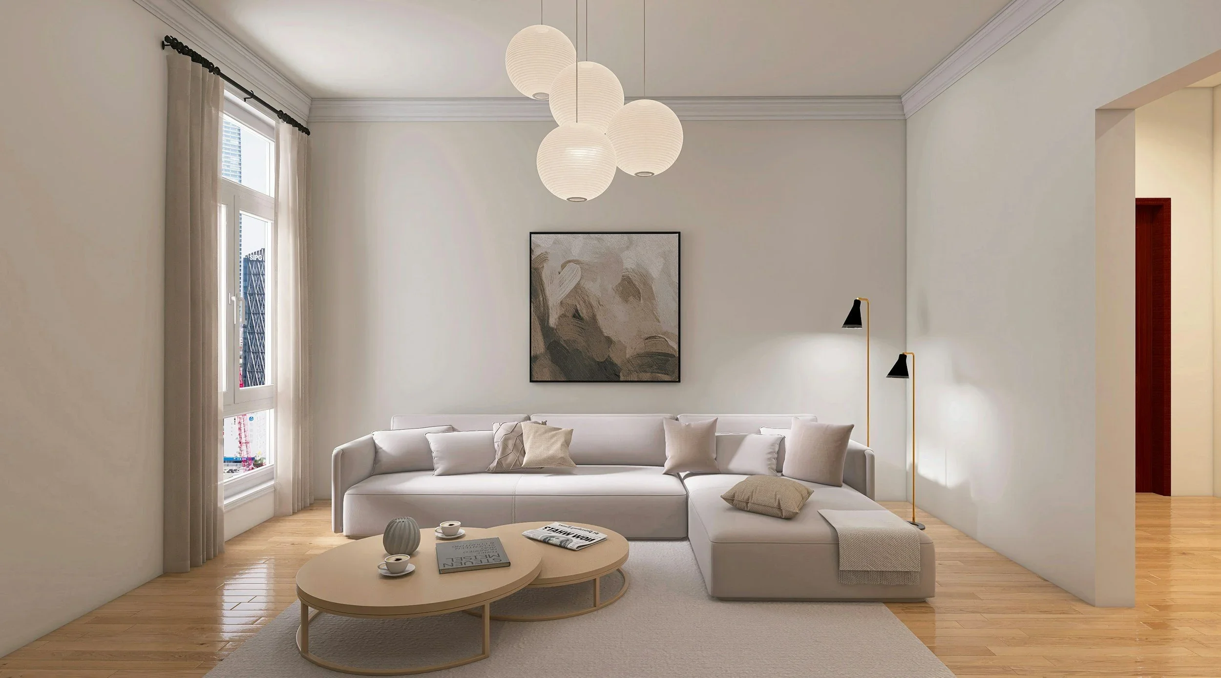 Modern living room with a white sectional sofa, abstract artwork, a unique hanging light fixture, and large windows with beige curtains.