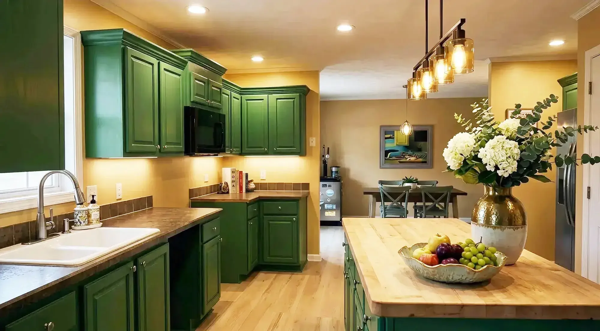 Kitchen with green cabinets, wooden countertops, stainless steel sink, and a dining area with a large vase of white flowers and a bowl of fruit on the island.