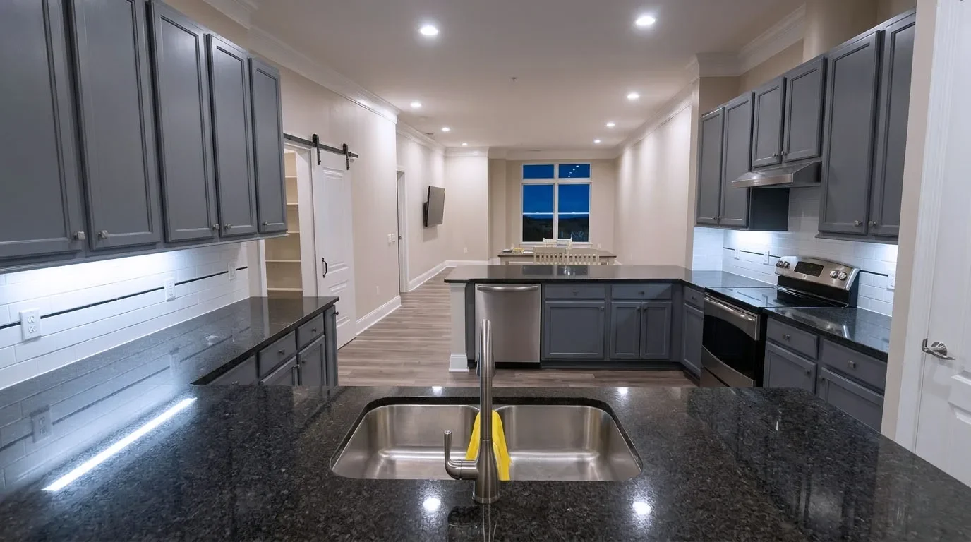 Modern kitchen with dark granite countertops, gray cabinets, stainless steel appliances, under-cabinet lighting, a central sink, and a view of a dining area with a window at night.