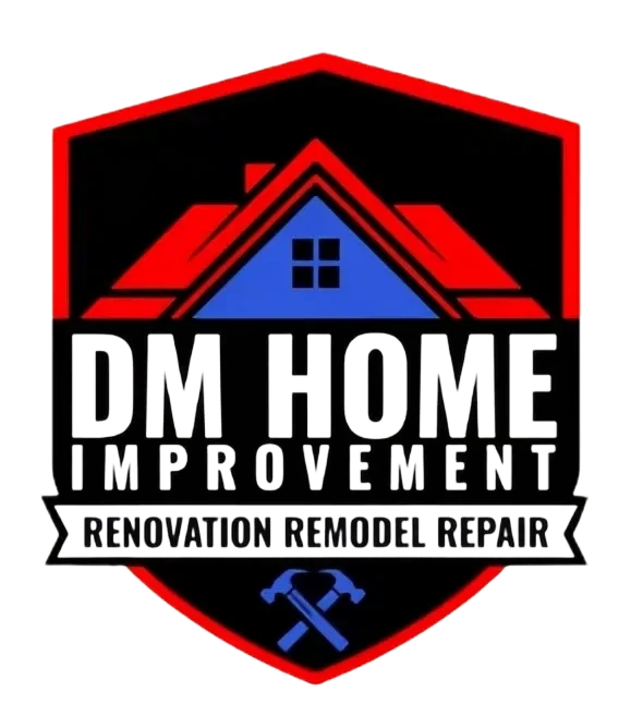 Logo for DM Home Improvement, featuring a house with a red roof and a small window, with text about renovation, remodeling, and repair, and tools at the bottom.