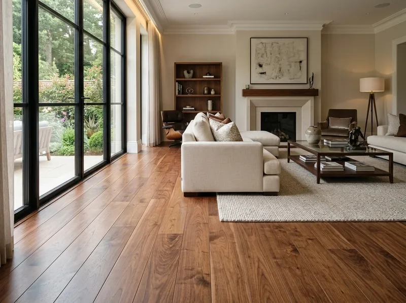 Living room with large glass sliding doors, wooden floor, white sofa, armchair, coffee table, fireplace, bookshelf, and modern decor.