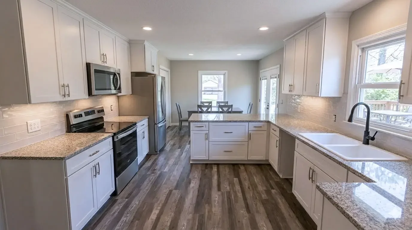Modern kitchen with white cabinets, granite countertops, stainless steel appliances, a double sink under a window, and hardwood flooring, with a dining area in the background.