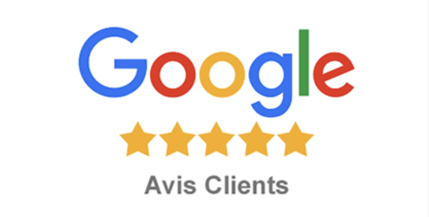 Logo Google avec cinq étoiles jaunes et le texte 'Avis Clients'