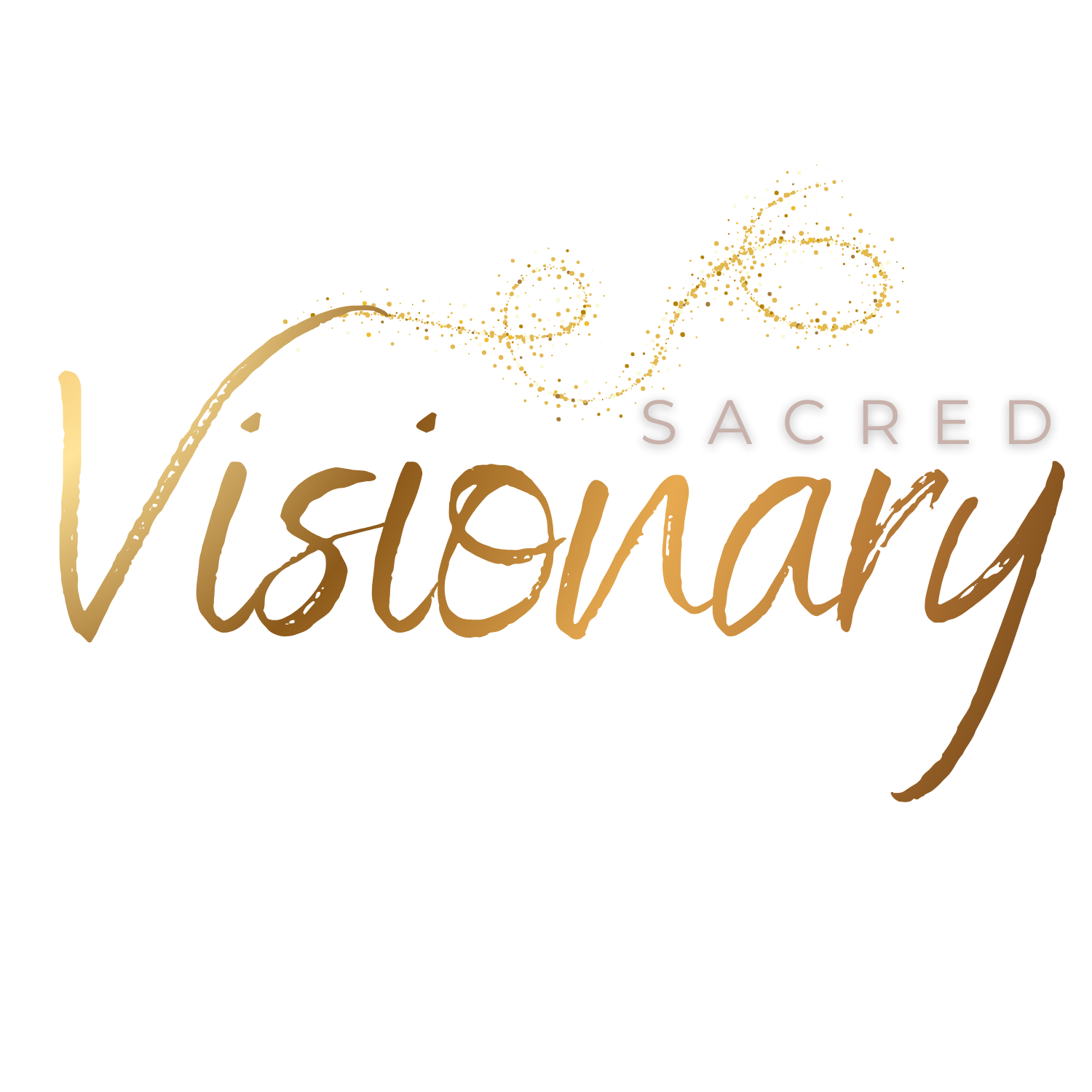 Logo for Sacred Visinary featuring elegant gold and purple script with swirling gold glitter accents on a black background.