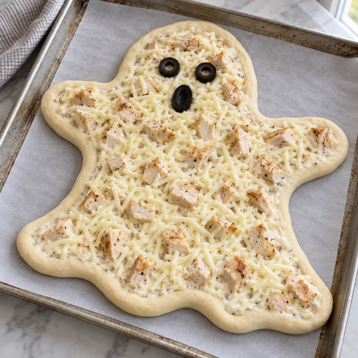 Ghostly Chicken Alfredo Pizza