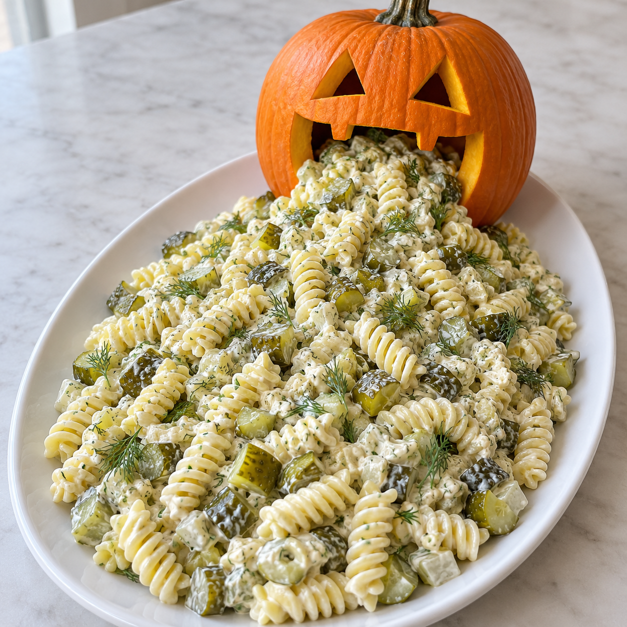 Puking Pumpkin Dill Pickle Pasta Salad