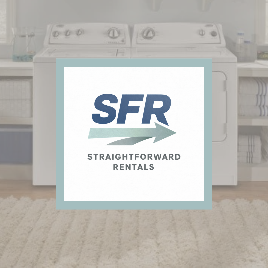 Laundry room with a washing machine and dryer, overlaid with a logo for 'Straightforward Rentals' featuring an arrow and the initials 'SFR'.