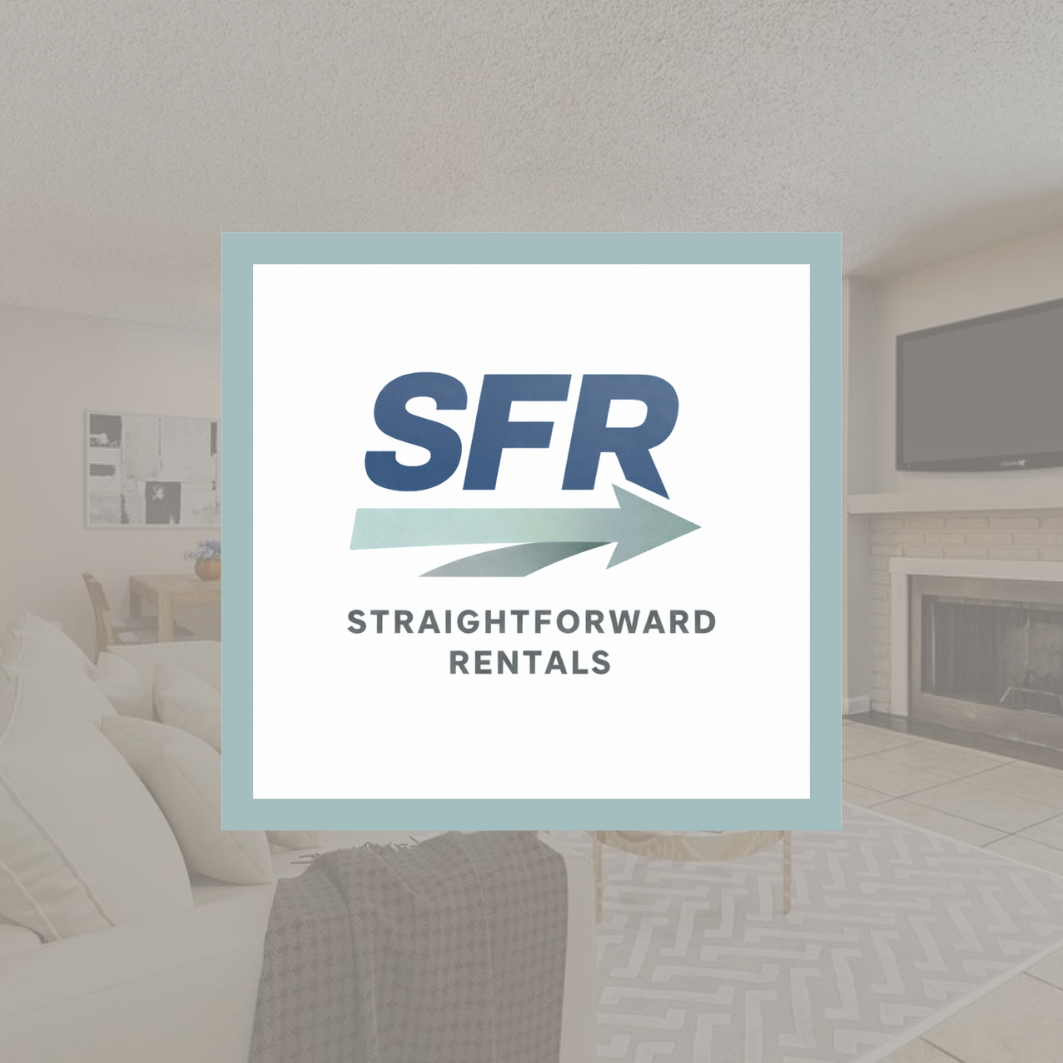 Logo of SFR Straightforward Rentals with a stylized arrow on a background of a living room with a fireplace and TV.