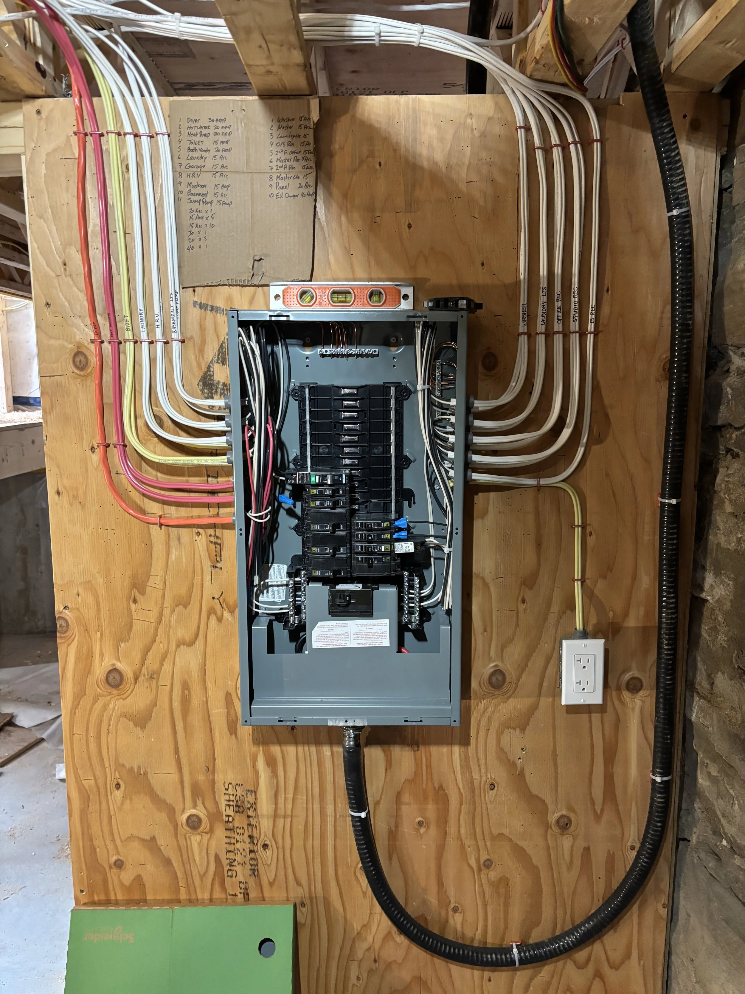 An electrical circuit breaker panel mounted on a wooden wall with multiple white and red electrical wires connected to it, and a handwritten list on a cardboard with various room and electrical circuit labels.