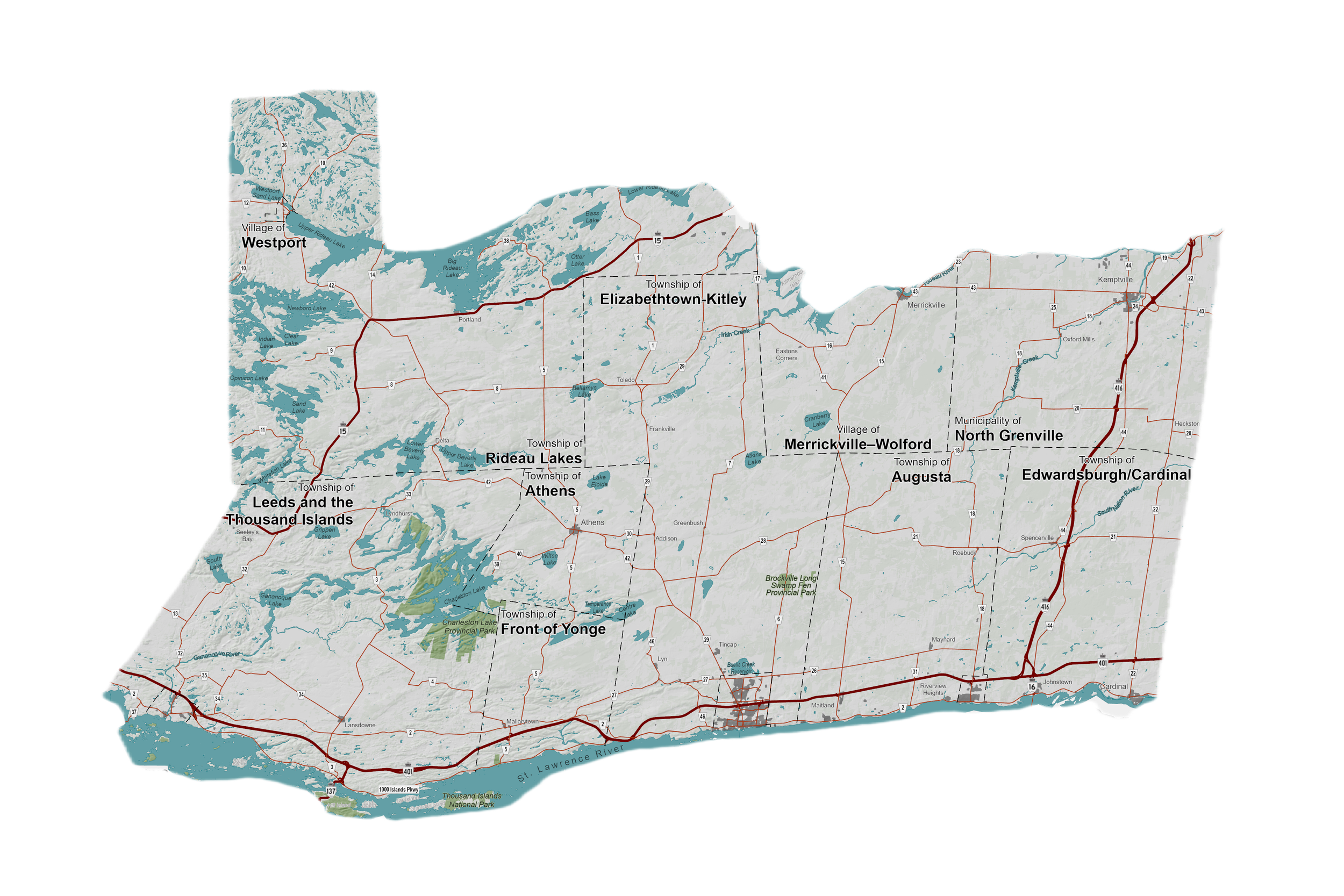Map of a region in Michigan showing lakes, roads, towns, and parks, including Westport, Elizabethown-Kitley, Merrickville-Wolford, North Grenville, and Front of Yonge.